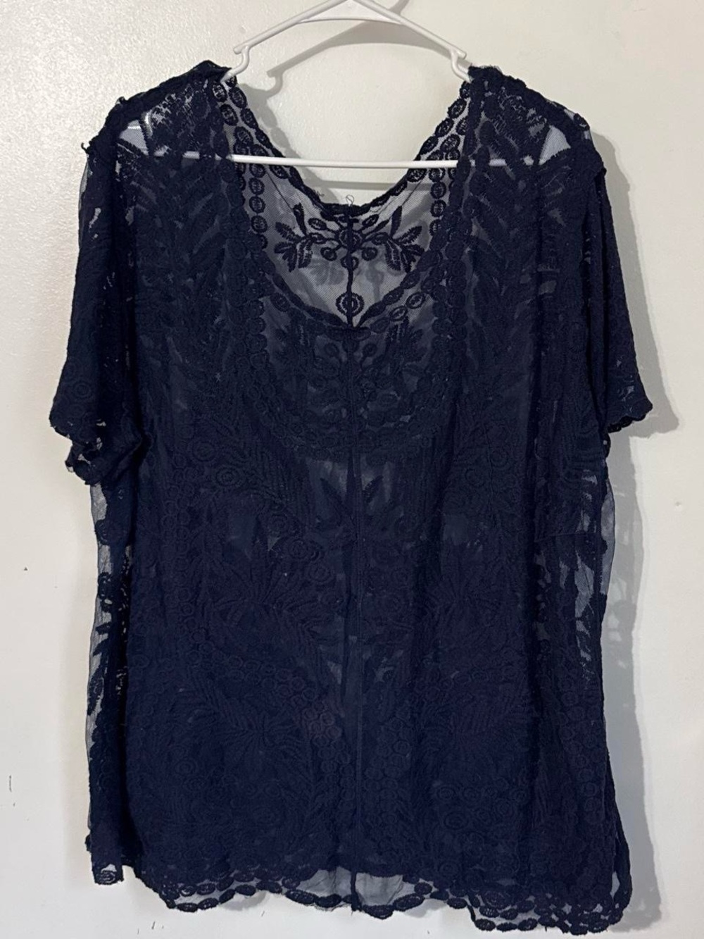 Navy Blue Sheer Floral Lace Tunic Top